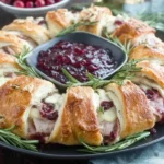 Turkey Cranberry Crescent Ring filled with turkey, Gruyere, and cranberry sauce, baked golden brown and served with extra cranberry dip in the center.