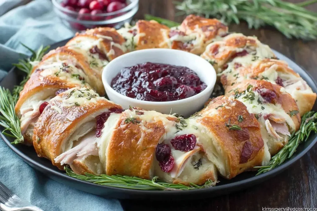 Turkey Cranberry Crescent Ring with golden baked crescent dough, turkey, cranberry sauce, and fresh herbs served with extra cranberry dip in the center.
