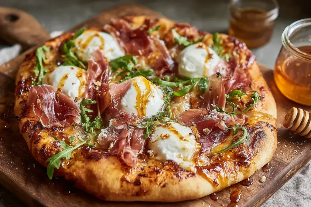 Prosciutto and Honey Burrata Pizza topped with creamy burrata, salty prosciutto, arugula, and golden honey drizzle on a crisp, wood-fired crust.
