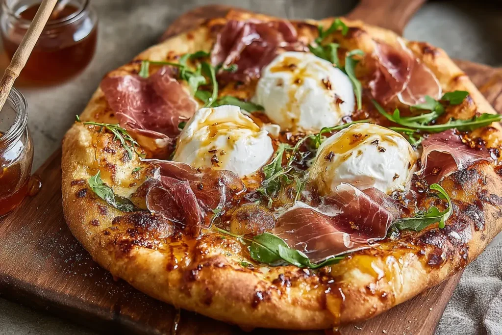 Close-up of Prosciutto and Honey Burrata Pizza topped with creamy burrata, prosciutto, arugula, and a drizzle of honey on a golden crust.