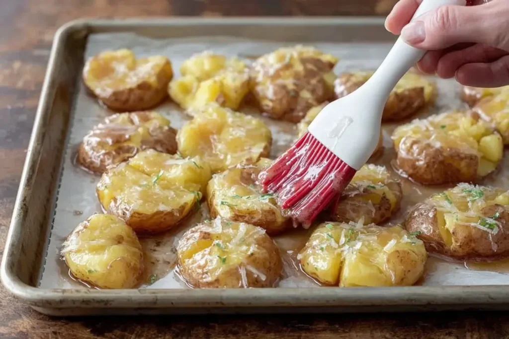 Brushing melted butter and garlic onto Jalapeno Popper Smashed Potatoes before baking to add flavor and crispiness.