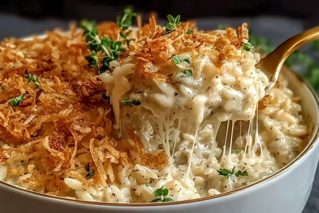 Golden French Onion Chicken Rice Bake with melted cheese and crispy onions, served hot in a white baking dish.