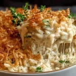 Golden French Onion Chicken Rice Bake with melted cheese and crispy onions, served hot in a white baking dish.