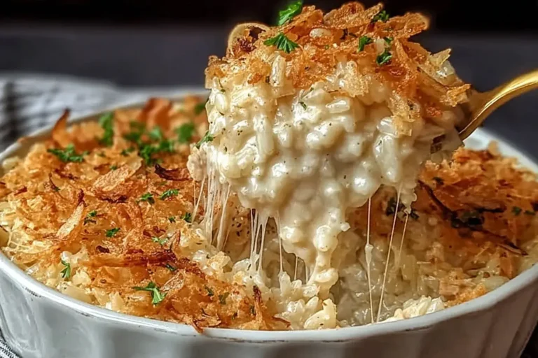 Creamy French Onion Chicken Rice Bake topped with crispy fried onions and melted cheese in a white casserole dish.