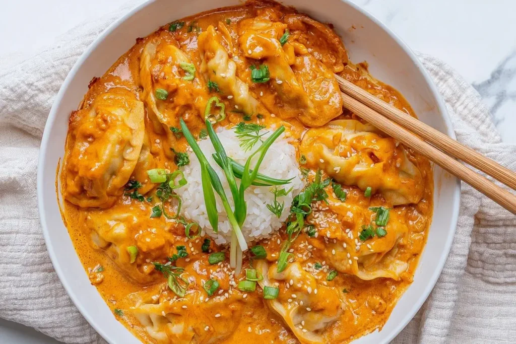 Trader Joe’s Dumpling Bake served with rice in creamy red curry-coconut sauce, topped with sesame seeds and green onions.