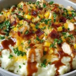 A hearty bowl of Chicken Mashed Potato Bowls topped with juicy chicken, corn, cheddar cheese, parsley, and rich gravy for a comforting meal.