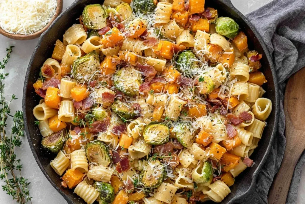 Brussels Sprouts and Butternut Squash Pasta with bacon and Parmesan in a skillet.