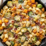 Brussels Sprouts and Butternut Squash Pasta with bacon and Parmesan in a skillet.