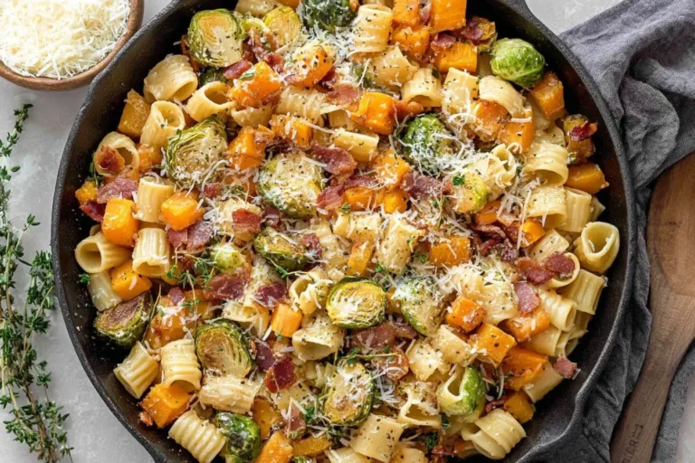 Brussels Sprouts and Butternut Squash Pasta with bacon and Parmesan in a skillet.