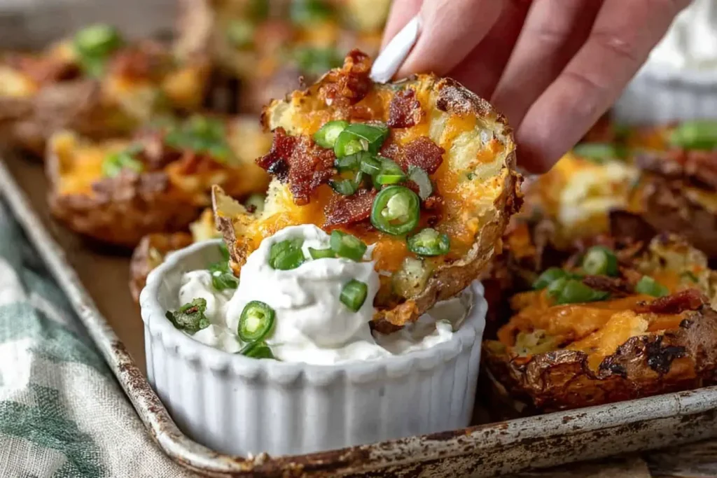 Dipping Jalapeno Popper Smashed Potatoes into a creamy dip with green onions and bacon, ready to enjoy.