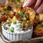 Dipping Jalapeno Popper Smashed Potatoes into a creamy dip with green onions and bacon, ready to enjoy.