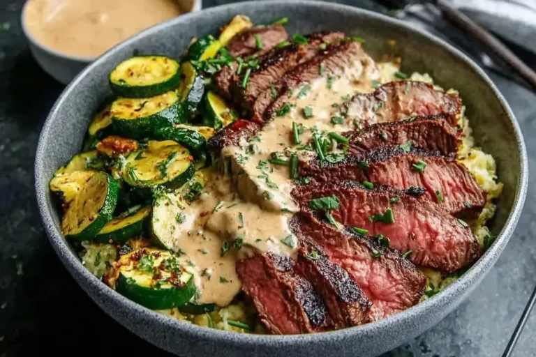 Grilled Steak Bowl with Sauce and Zucchini served with grilled zucchini, creamy herb sauce, and sliced steak over rice