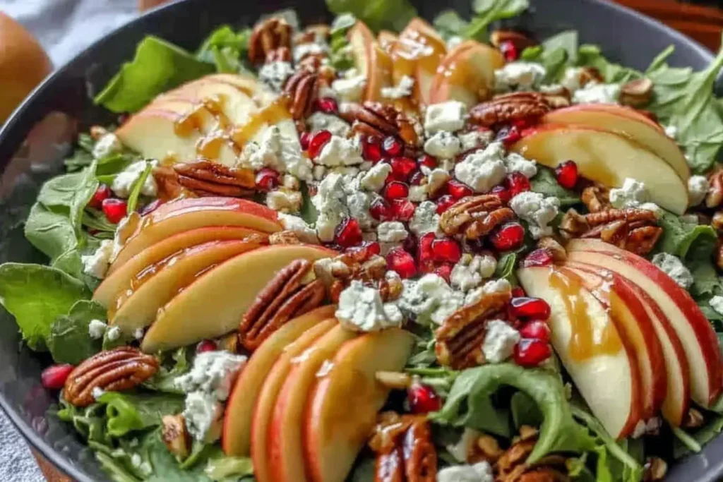Fresh Autumn Harvest Honeycrisp Apple Salad with sliced apples, feta cheese, pecans, and pomegranate seeds on a bed of greens.