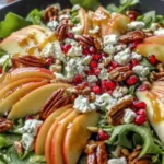 Fresh Autumn Harvest Honeycrisp Apple Salad with sliced apples, feta cheese, pecans, and pomegranate seeds on a bed of greens.