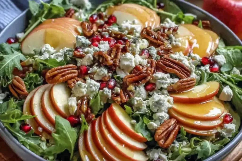 Autumn Harvest Honeycrisp Apple Salad with sliced apples, pecans, feta cheese, and pomegranate seeds drizzled with honey dressing.