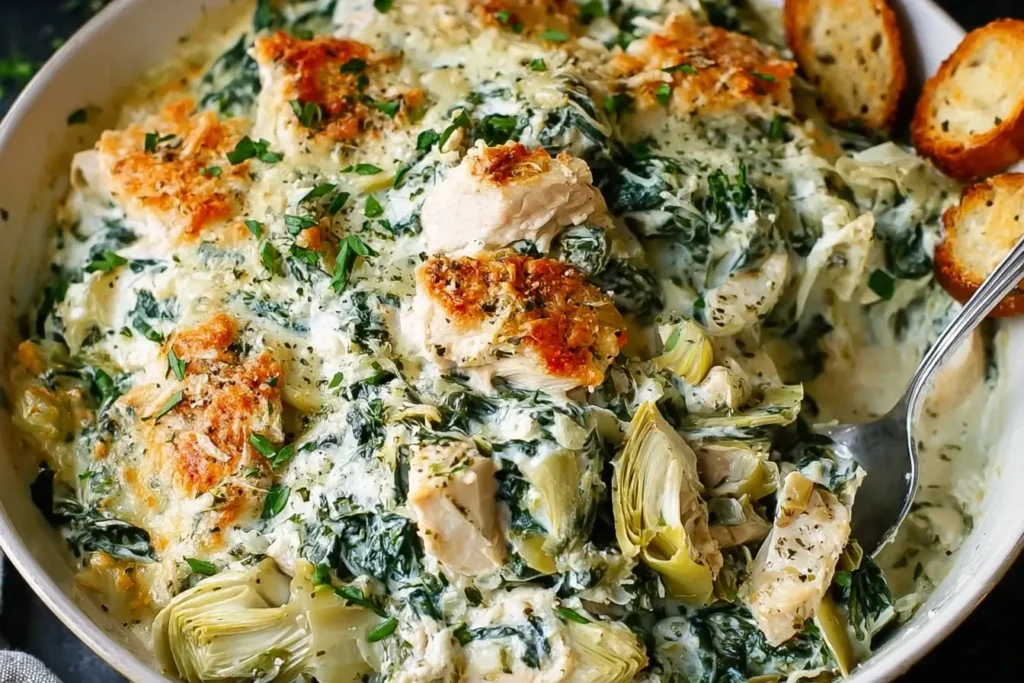 Creamy Spinach and Artichoke Chicken Casserole in a skillet with tender chicken, melted cheese, spinach, and artichokes.