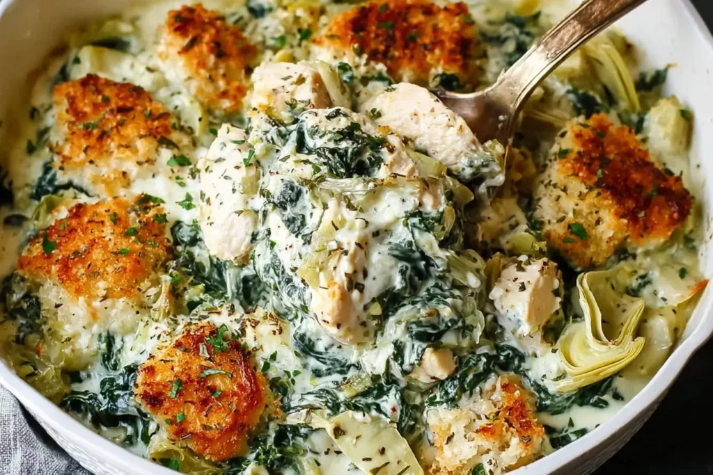 Creamy Spinach and Artichoke Chicken Casserole with golden, crispy topping, tender chicken pieces, and rich spinach-artichoke sauce in a serving dish.