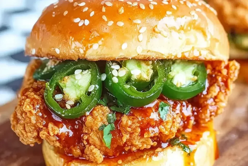 Close-up of a Jalapeño Honey Drenched Crispy Fried Chicken Sandwich with golden fried chicken, fresh jalapeño slices, and sesame seed bun.