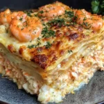 Golden-baked Shrimp Crab Lasagna with creamy layers of ricotta, crab, and shrimp topped with melted cheese and parsley.