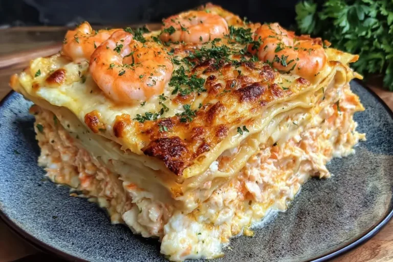Golden-baked Shrimp Crab Lasagna with creamy layers of ricotta, crab, and shrimp topped with melted cheese and parsley.