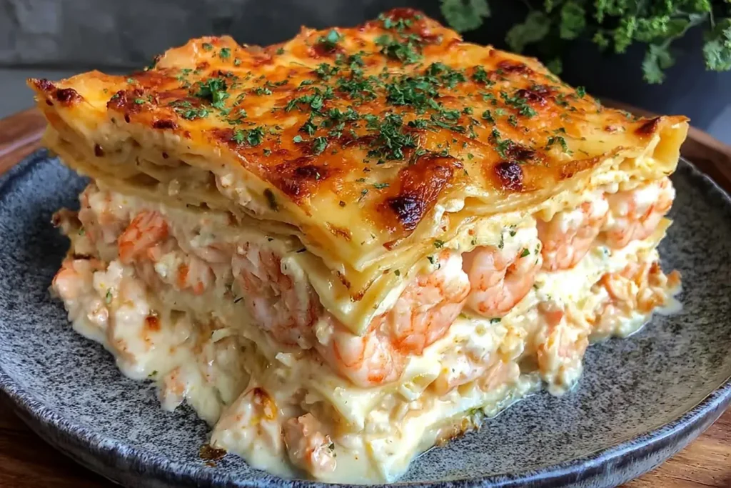 Layered Shrimp Crab Lasagna filled with creamy Alfredo sauce, shrimp, and crab, topped with melted cheese and parsley.