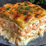 Layered Shrimp Crab Lasagna filled with creamy Alfredo sauce, shrimp, and crab, topped with melted cheese and parsley.