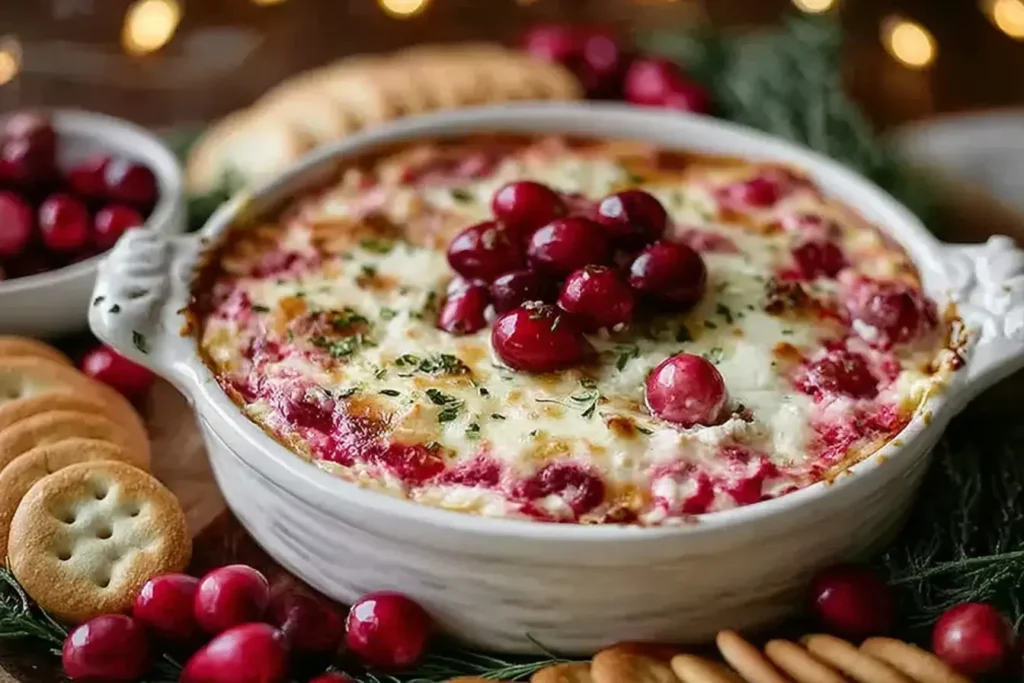 Baked Cranberry Cream Cheese Dip in a white baking dish topped with fresh cranberries and served with crackers on a holiday table.