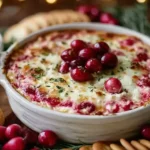Baked Cranberry Cream Cheese Dip in a white baking dish topped with fresh cranberries and served with crackers on a holiday table.