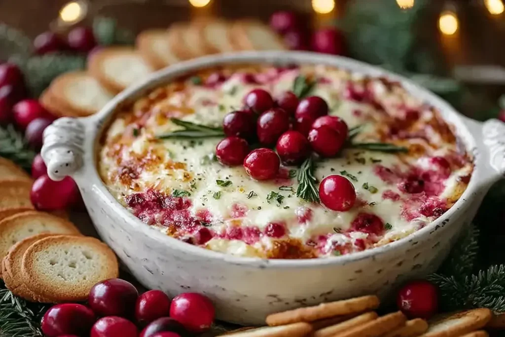 Baked Cranberry Cream Cheese Dip topped with fresh cranberries and rosemary in a white baking dish surrounded by crackers and festive décor.