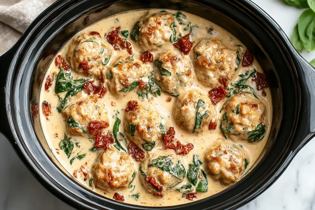 Crockpot Marry Me Chicken Meatballs with creamy sauce, spinach, and sun-dried tomatoes.