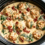 Crockpot Marry Me Chicken Meatballs with creamy sauce, spinach, and sun-dried tomatoes.