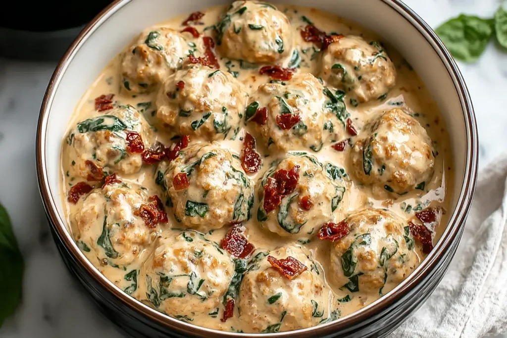 Crockpot Marry Me Chicken Meatballs with creamy sauce, spinach, and sun-dried tomatoes in a white serving dish.