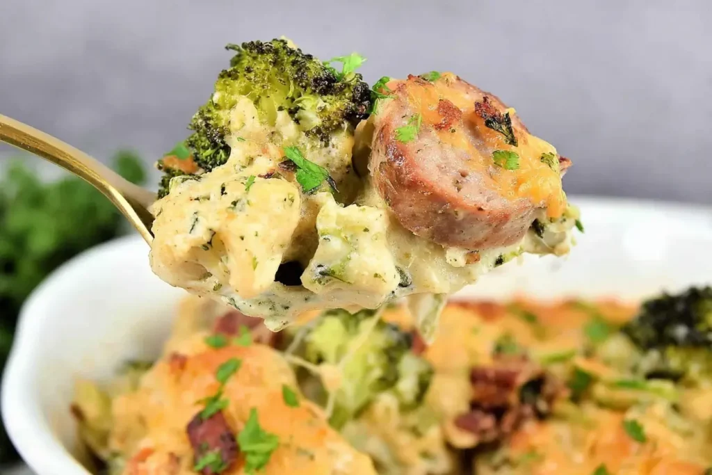Keto Broccoli and Cauliflower With Sausage served on a spoon with creamy cheese sauce and roasted veggies.