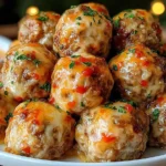 Rotel Sausage Balls stacked on a plate, glazed with melted cheese and diced peppers, garnished with fresh herbs.