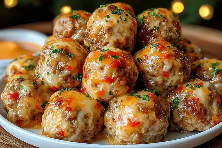Rotel Sausage Balls stacked on a plate, glazed with melted cheese and diced peppers, garnished with fresh herbs.