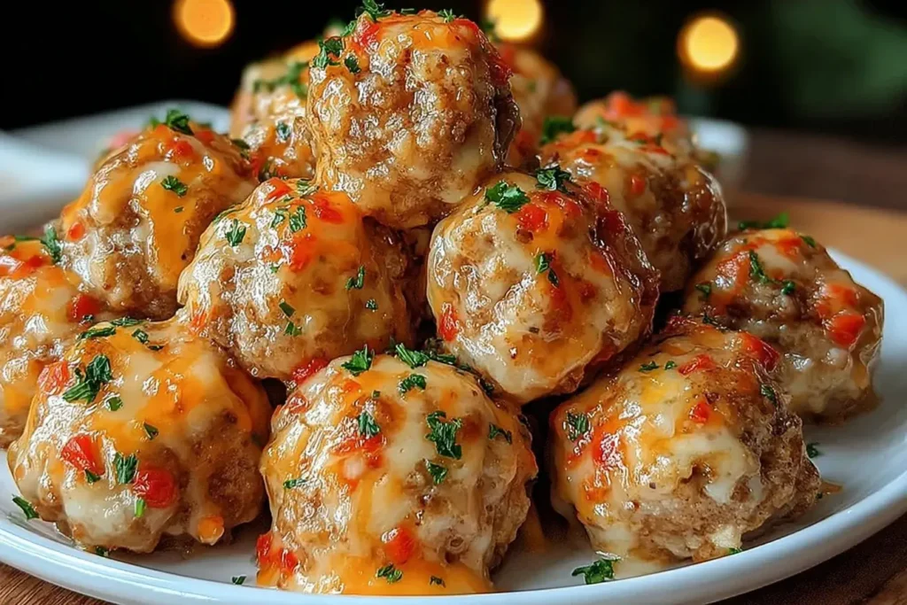 Rotel Sausage Balls piled high on a plate, covered in melted cheese and diced peppers, with herbs sprinkled on top.