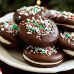 Homemade Peppermint Patties stacked on a plate with festive sprinkles and creamy mint filling