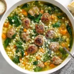 Bowl of Italian Wedding Soup filled with tender meatballs, acini de pepe pasta, carrots, spinach, and fresh Parmesan.