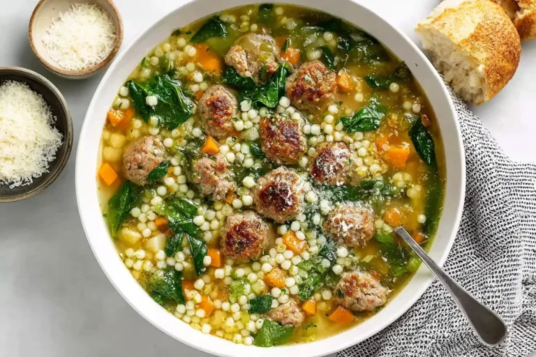 Bowl of Italian Wedding Soup filled with tender meatballs, acini de pepe pasta, carrots, spinach, and fresh Parmesan.