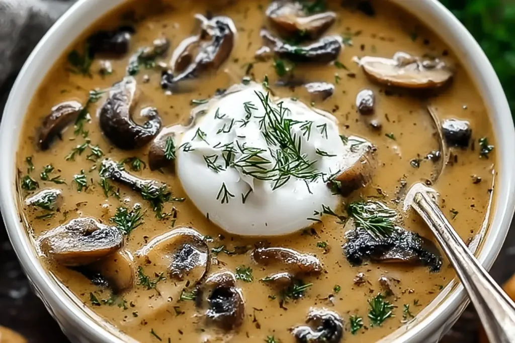 Creamy Hungarian Mushroom Soup with fresh dill and sour cream served in a white bowl