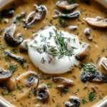 Creamy Hungarian Mushroom Soup with fresh dill and sour cream served in a white bowl
