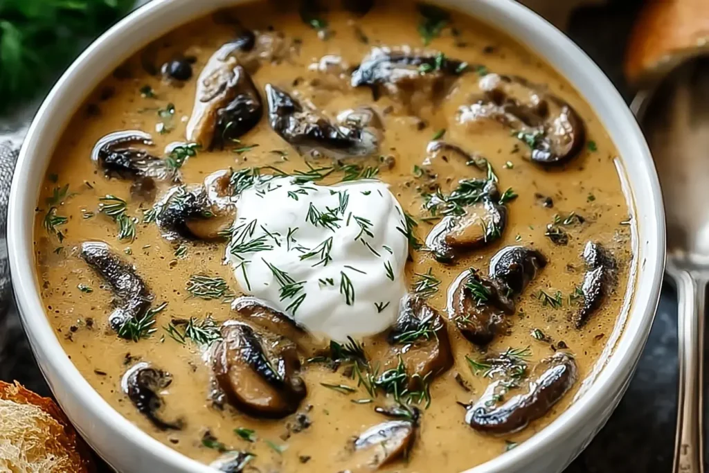 Creamy Hungarian Mushroom Soup topped with sour cream and fresh dill in a white bowl