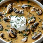 Creamy Hungarian Mushroom Soup topped with sour cream and fresh dill in a white bowl