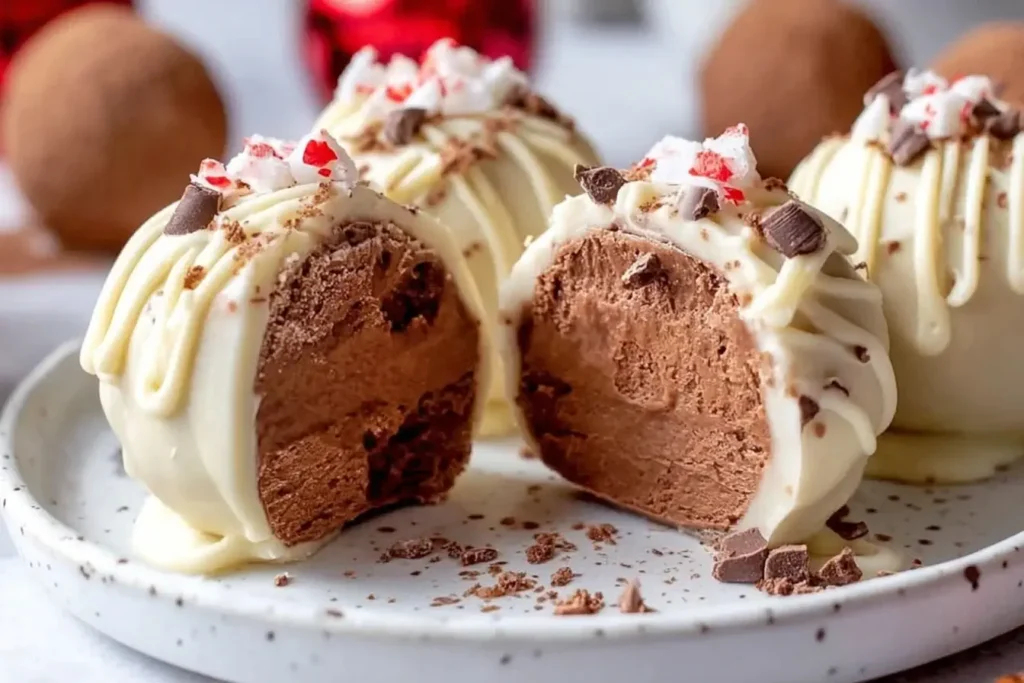 Inside view of Gingerbread Truffles with creamy chocolate filling coated in white chocolate and topped with festive candy pieces