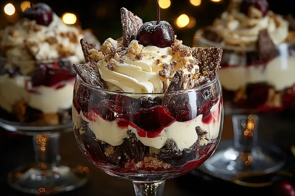 Black Forest Trifle for Christmas layered with whipped cream, cherries, chocolate shards, and festive toppings in a clear dessert glass.