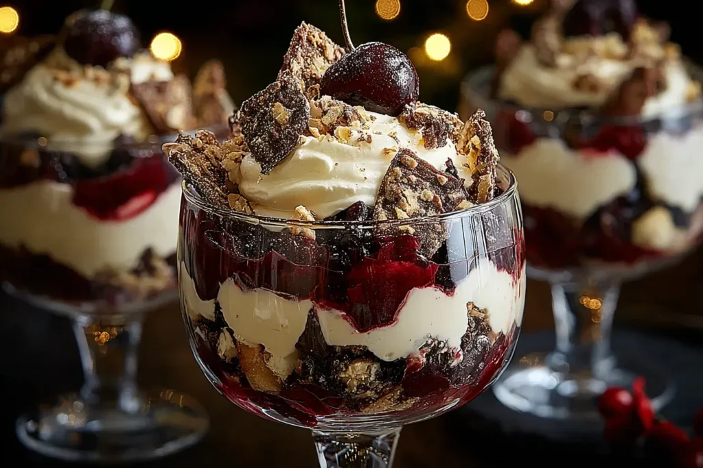 Black Forest Trifle for Christmas layered with rich chocolate cake, cherries, whipped cream, and chocolate shards in a festive glass dessert cup.