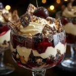 Black Forest Trifle for Christmas layered with rich chocolate cake, cherries, whipped cream, and chocolate shards in a festive glass dessert cup.