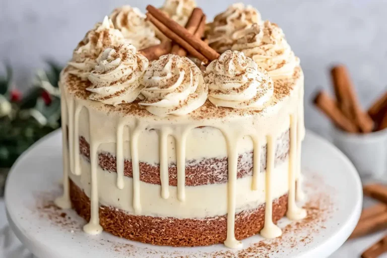 Christmas Spice Cake with Eggnog Buttercream topped with cinnamon swirls and creamy drip frosting on a white cake stand.