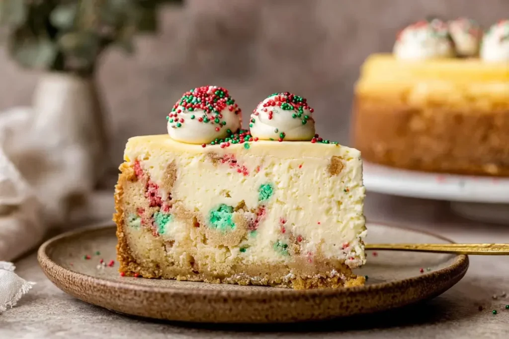 Sugar Cookie Cheesecake slice with Christmas sprinkles and a golden crust.