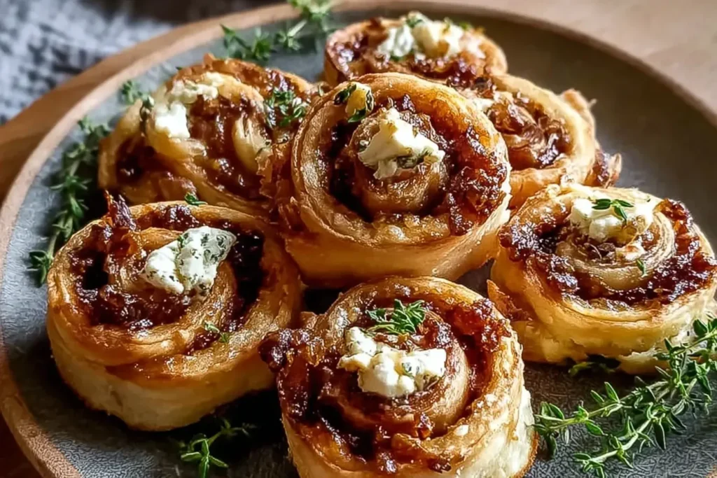 Fig and Goat Cheese Pinwheels served on a plate with fresh thyme, showcasing flaky pastry, caramelized fig filling, and creamy goat cheese.